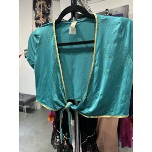 Vintage Y2K Teal Blue Sequined Neckline Cropped Front Tie Duster Size Medium